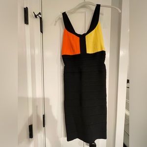 Herve Leger bandage bodycon black orange yellow cocktail dress